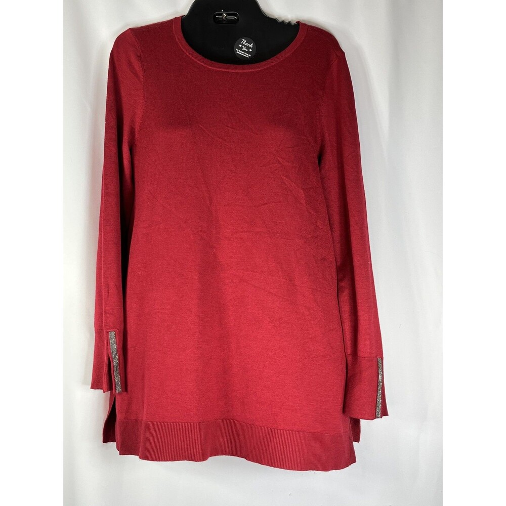 Chico's Sweater Womens 0 Red Crew Neck Tunic Long Sleeve Beaded Cuff Knit